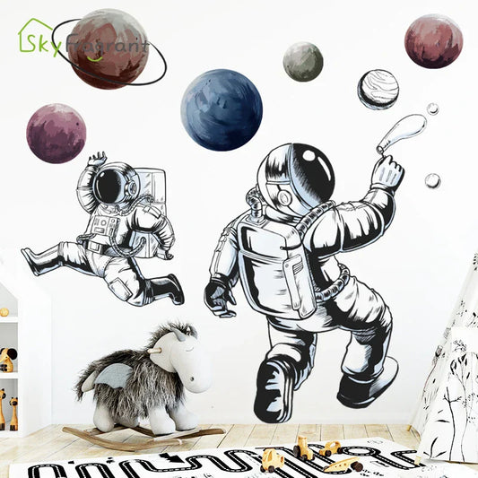 Cartoon Astronaut Space Wall Sticker – Boys’ Bedroom & Living Room Decor