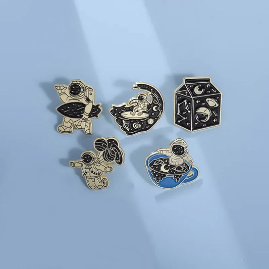 Cartoon Space Astronaut Enamel Pin Set – Cute Galaxy Badge Collection