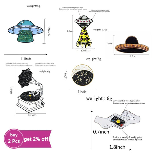 Universe Collection Enamel Pin – Cartoon UFO & Galaxy Brooch Set