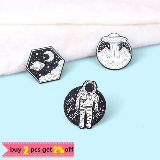 Universe Adventure Enamel Pins – Astronaut & UFO Cartoon Brooch Set
