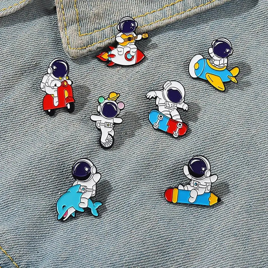 Surfing Astronaut Enamel Pin – Cartoon Rocket Brooch for Kids