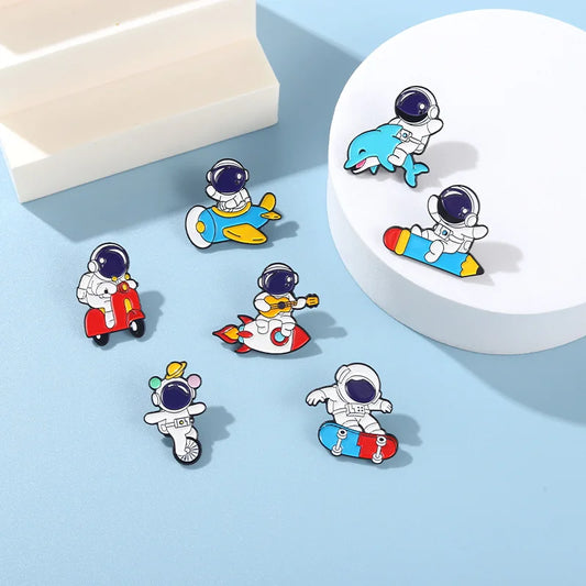 Surfing Astronaut Enamel Pin – Cartoon Rocket Brooch for Kids