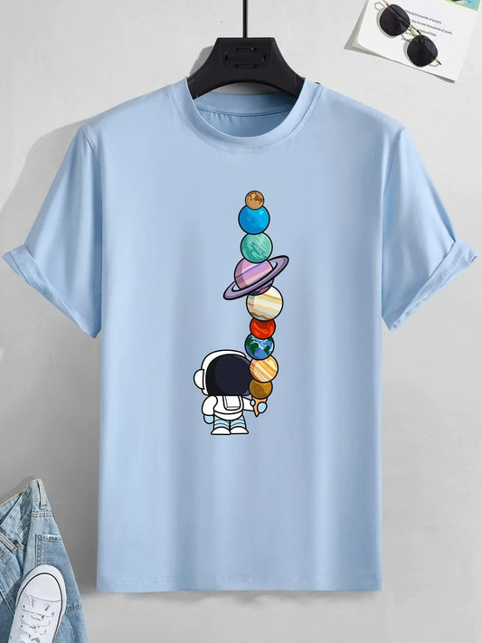 Cartoon Astronaut Planet T-Shirt – 100% Cotton Summer Casual Tee